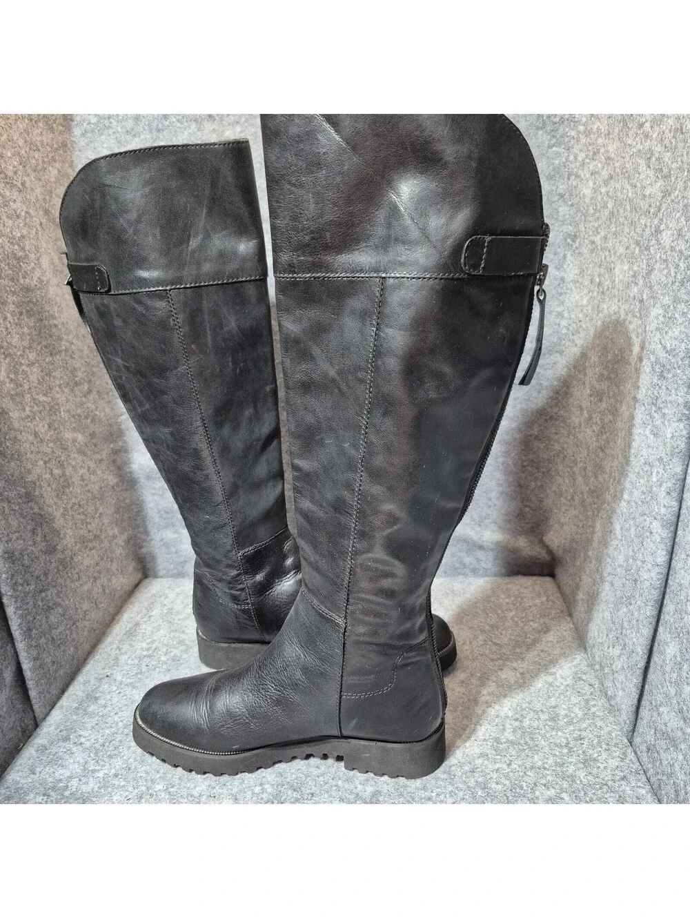Franco Sarto Cosmina Black Leather Knee-High Zip Riding Boots Womens 6.5M Tall
